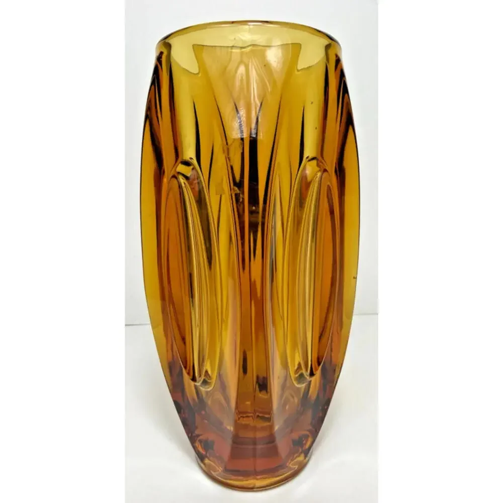 SKLO Vase Amber Yellow Glass Bullet Lens 8"H Czech 60s Mid Mod MCM Hand Blown - Picture 8 of 15